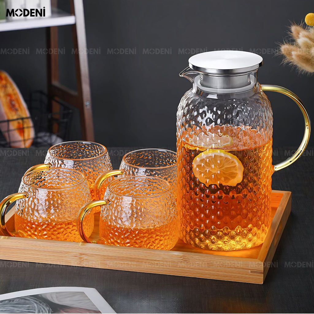 Bộ Bình Ly Solene Thủy Tinh Chịu Nhiệt Tối Giản Hiện Đại Trong Suốt Viền Vàng Sang Trọng Làm Quà Tặng Tân Gia