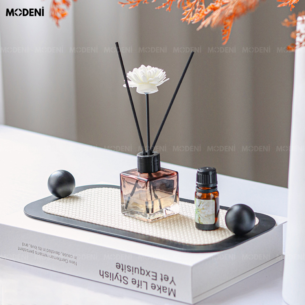 Khay Trang Trí Obsidian Thép Không Gỉ Nhám Mờ Phối Lưới Mây Trắng Đen Phong Cách Modern Luxury