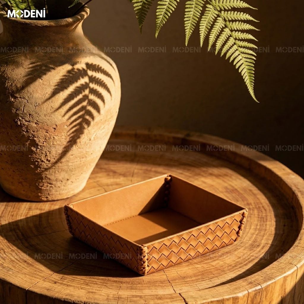 Khay Để Bàn Da Cesto Nâu Đẩt Da PU Họa Tiết Caro Nổi Dễ Dàng Lau Chùi Cho Không Gian Hiện Đại