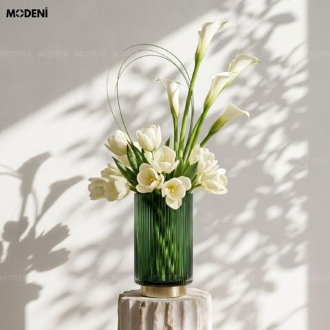  Bình Hoa Emerald Ribbed Thủy Tinh Sọc Gân Đế Mạ Vàng Xanh Lục Bảo Phong Cách Châu Âu 