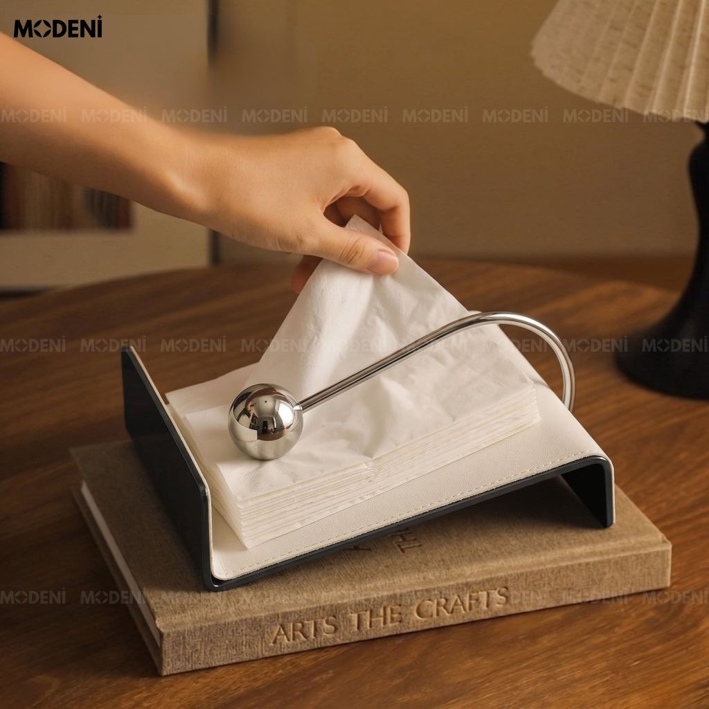 Chặn Giấy Ăn Để Bàn Silk Bọc Da Phối Hợp Kim Trắng Bạc Modern Luxury
