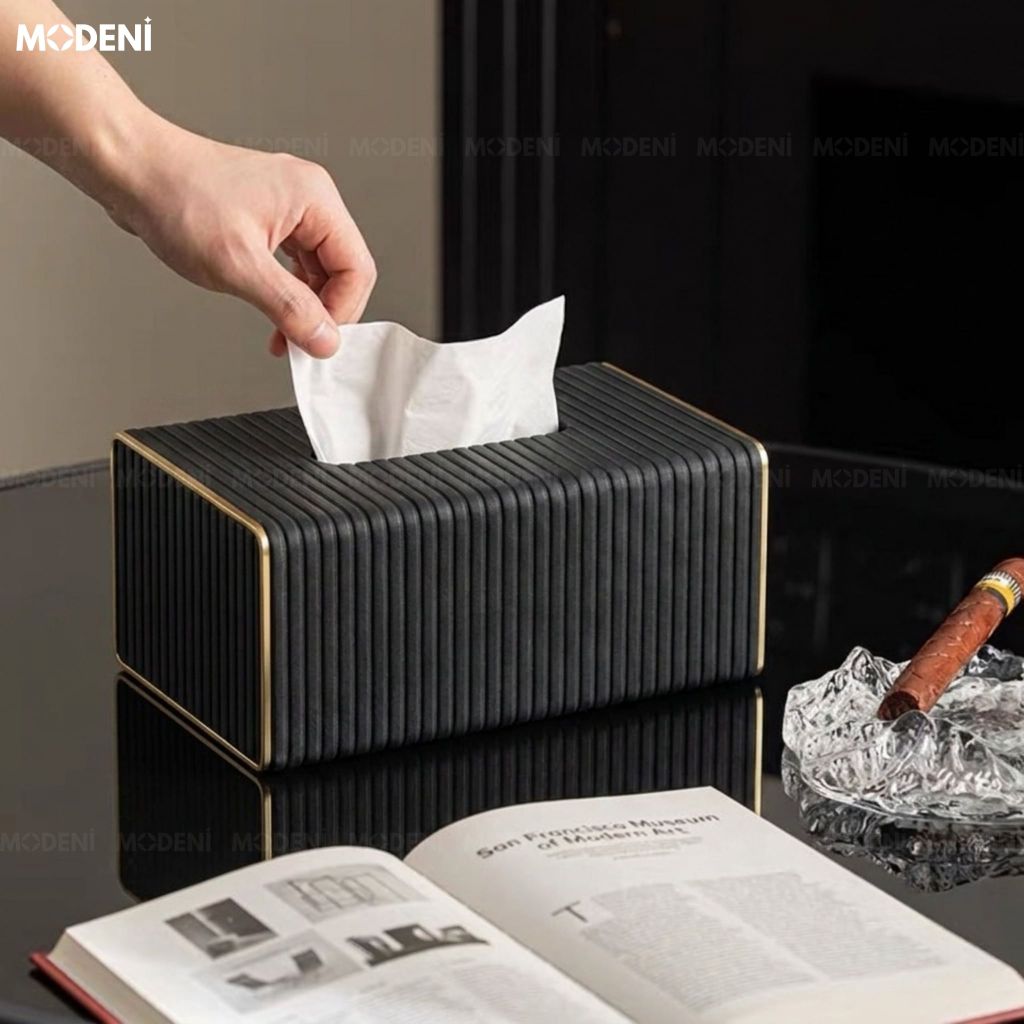 Hộp Khăn Sofie Nordic Black – Da PU  Vân Sọc, Nắp Trượt Viền Mạ Vàng Ánh Kim