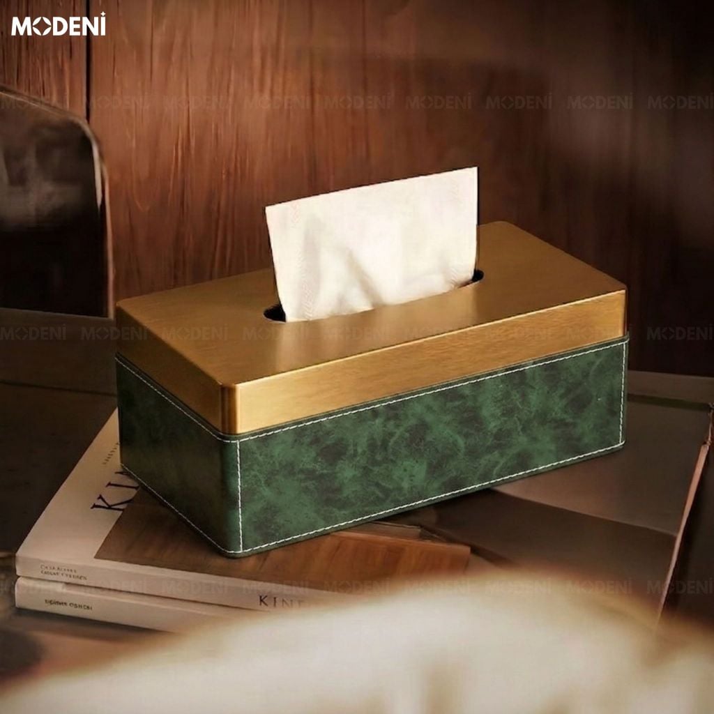 Hộp Khăn Giấy Linny Da Vân Marble Xanh Đậm Phối Nắp Kim Loại Modern Classic Cho Bàn Ăn Và Phòng Ngủ