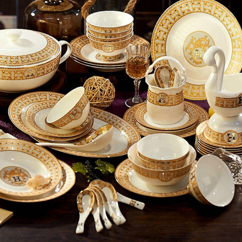  Bộ Chén Bát Đĩa Sứ Xương H-Paris (Tròn) - Bộ 70 Món Cao Cấp Viền Vàng 