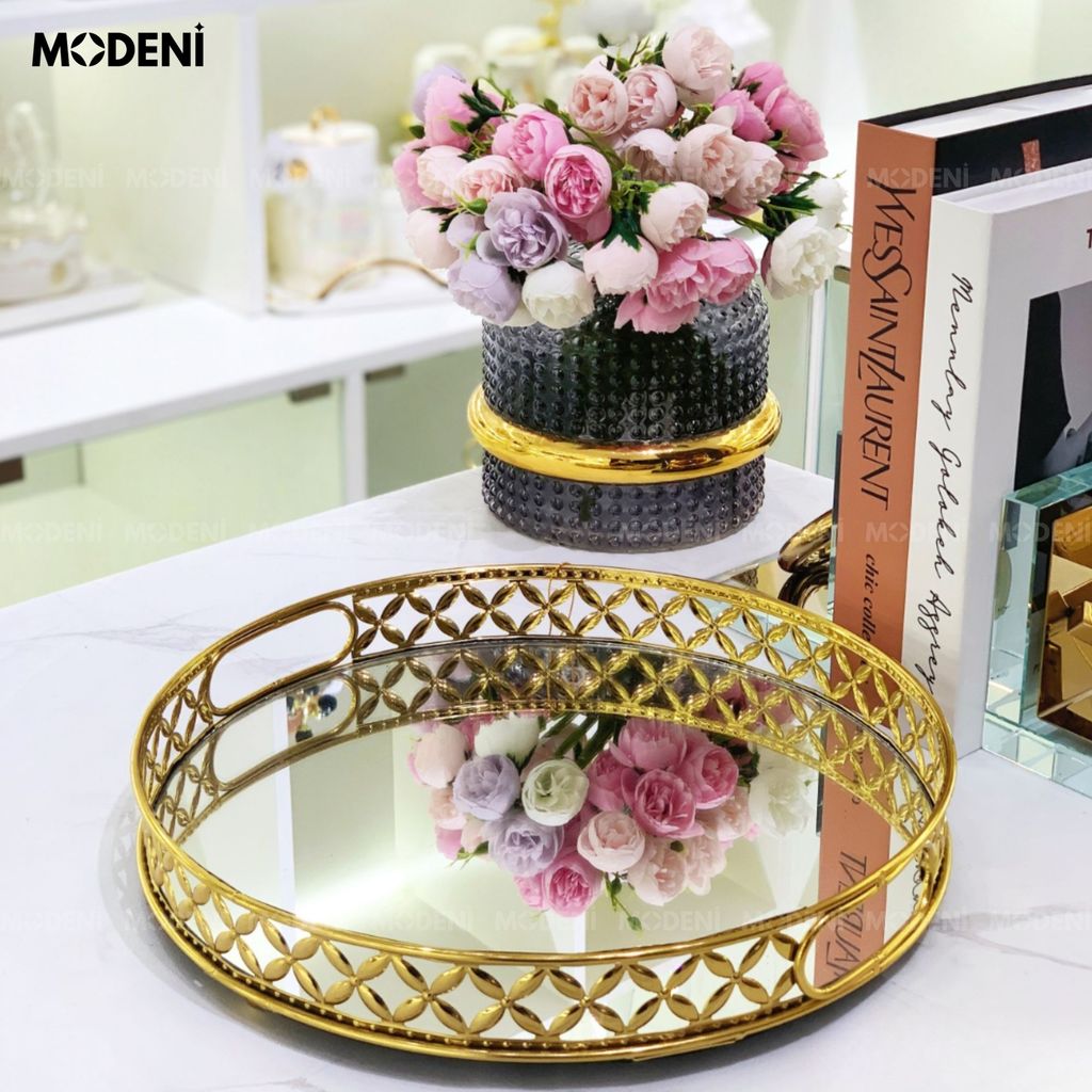 Khay Leona Tròn – Decor Mặt Gương Inox Vàng – Sang Trọng, Tinh Tế, Đậm Chất Châu Âu Cổ Điển Cho Bàn Trang Điểm, Sofa, Console