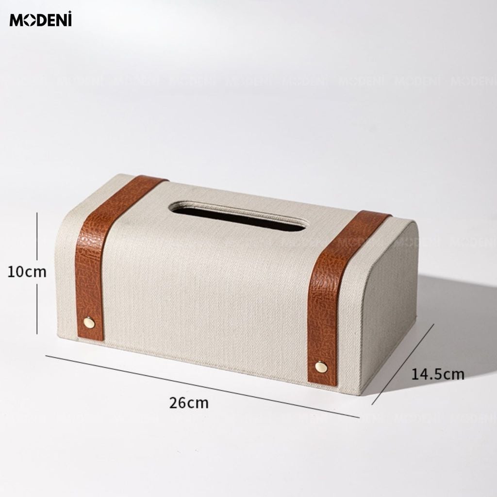 Hộp Khăn Giấy Kavet Da PU Phối Quai Nâu Dáng Rương Cổ Điển Màu Trắng Chống Bám Bụi Cho Bàn Trà Phòng Khách