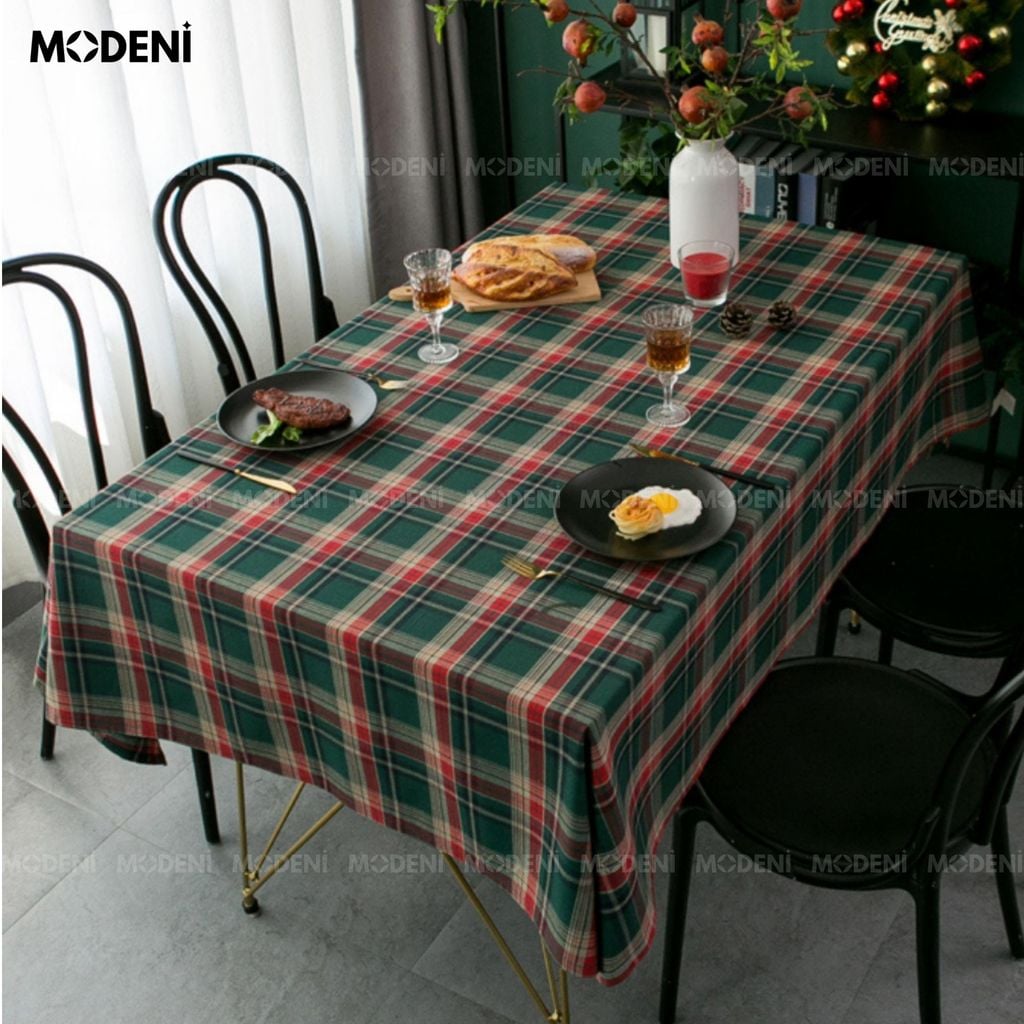Khăn Trải Bàn Caro Retro Xanh Cao Cấp – Vải Dày Chống Nhăn – Tăng Vibe Ấm Cúng Cho Tiệc Tối, Noel, Decor Quán Café