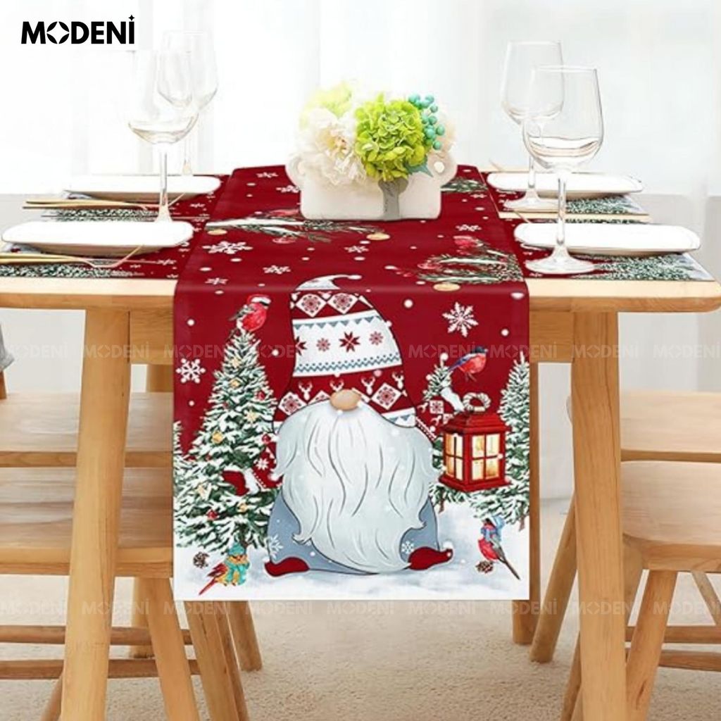 Khăn Table Runner Christmas Mr.Claus Red – Santa & Forest Scene, Dài 3m, Decor Giáng Sinh Ấm Cúng