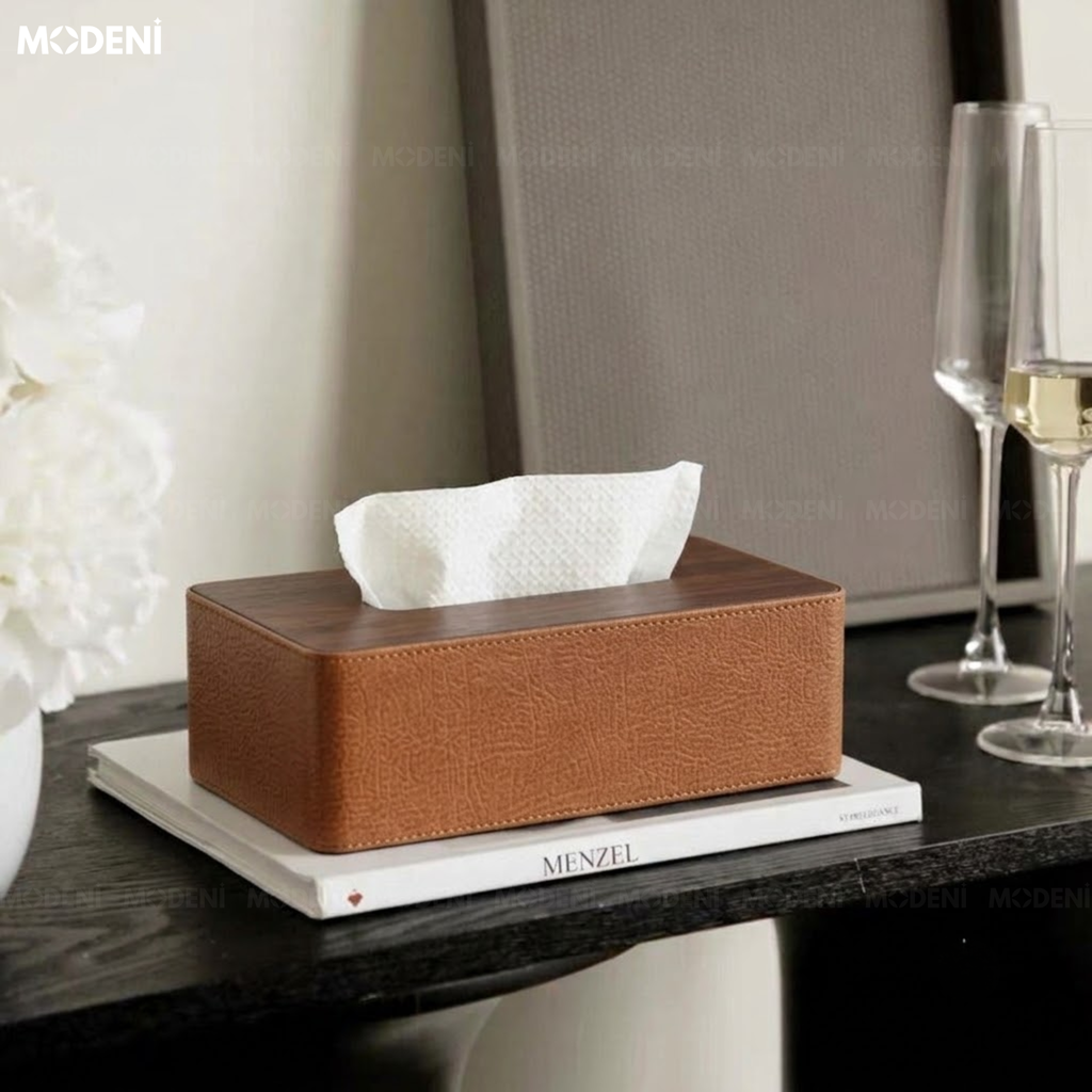 Hộp Khăn Giấy Valiso Da Phối Quai Nâu Dáng Rương Cổ Điển Màu Trắng Giữ Form Cứng Cáp Cho Bàn Trà Phòng Khách