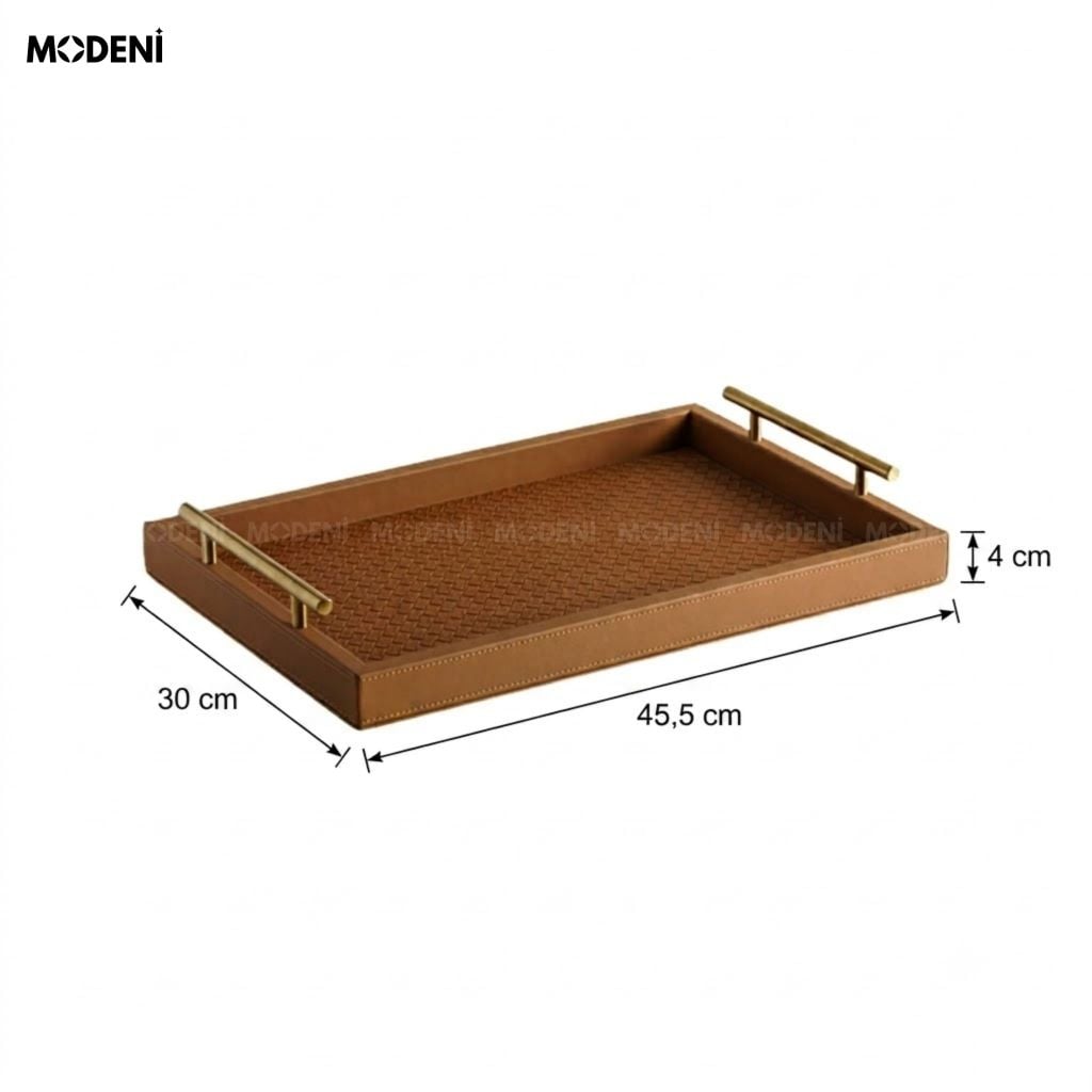 Khay Trang Trí Maroni Nâu Bọc Da PU Cao Cấp Tay Cầm Mạ Vàng Sang Trọng Cho Bàn Sofa