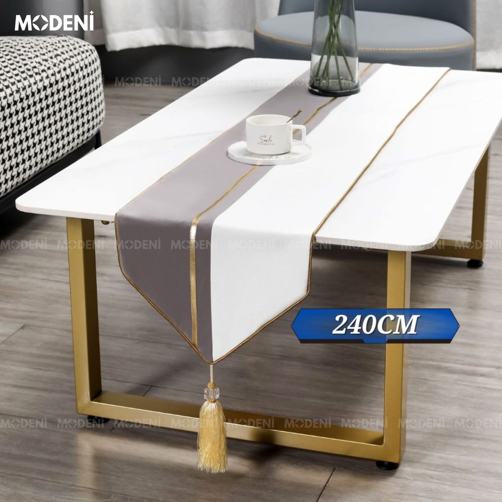 Khăn Bàn Table Runner Gray Renai Cao Cấp – Thiết Kế Trắng Xám Ánh Vàng Thanh Lịch – Dành Cho Bàn Sofa, Bàn Tiệc Dài 1m8 – 2m4
