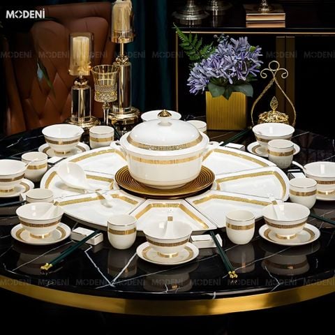  Bộ Chén Đĩa Tròn Sứ Xương Trevi Cao Cấp – Viền Vàng Hoàng Kim Tinh Xảo, Nghệ Thuật Hoàng Gia Cho Bàn Tiệc Sang Trọng 