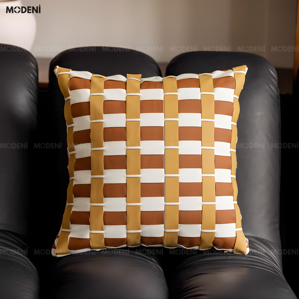 Vỏ Gối Sofa Woven – Da Microfiber Kết Hợp Vải Nhung Họa Tiết Caro Đa Lớp Đan Tay Hiện Đại