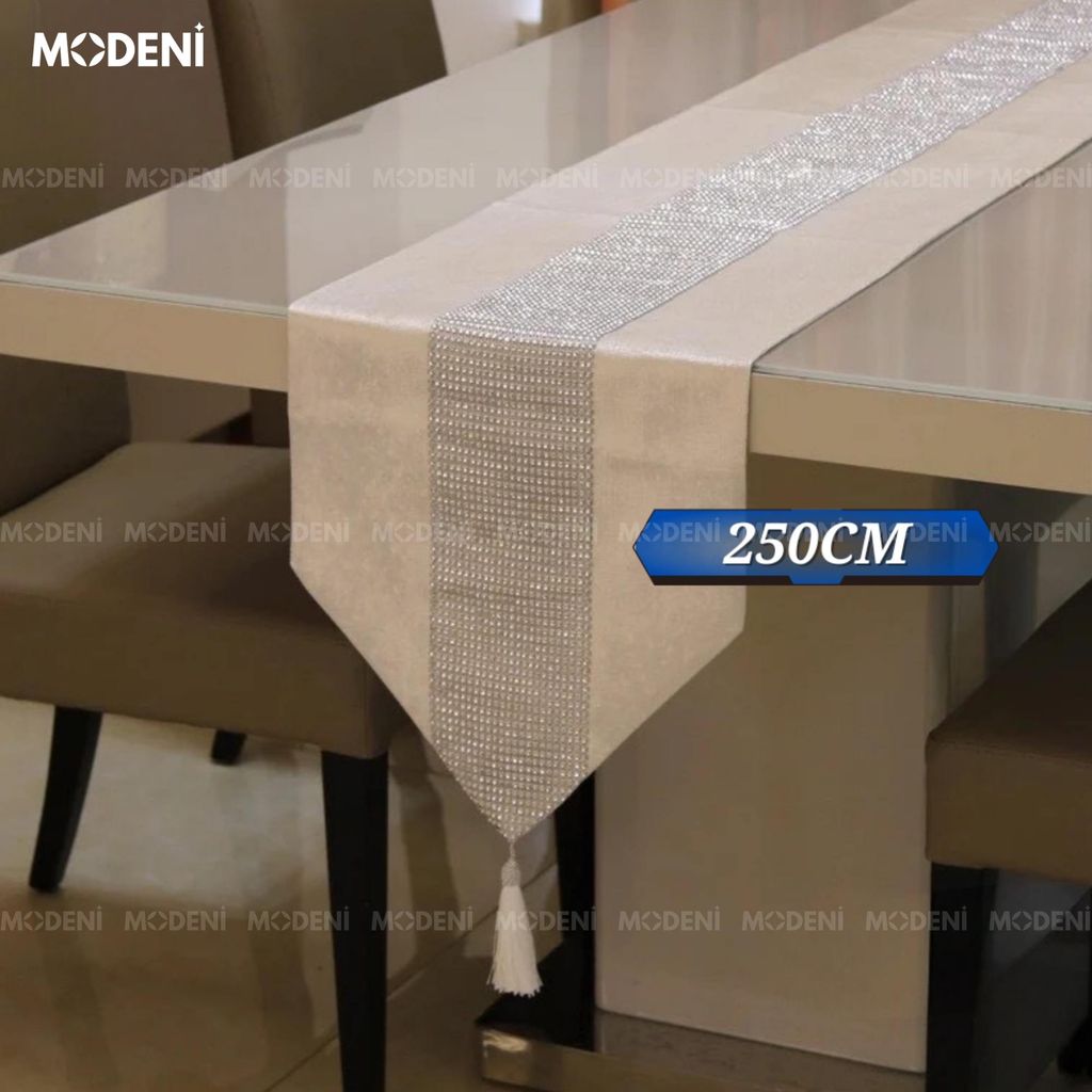 Khăn Trải Bàn Glassy Pha Lê Ánh Bạc Sang Trọng – Table Runner Dài 250cm – Decor Bàn Ăn, Bàn Tiệc, Biệt Thự Hiện Đại
