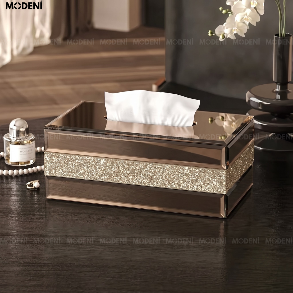 Hộp Khăn Giấy Saphir Gương Thủy Tinh Cao Cấp Nhũ Pha Lê Modern Glam Luxury Chic Cho Phòng Khách Và Phòng Ngủ