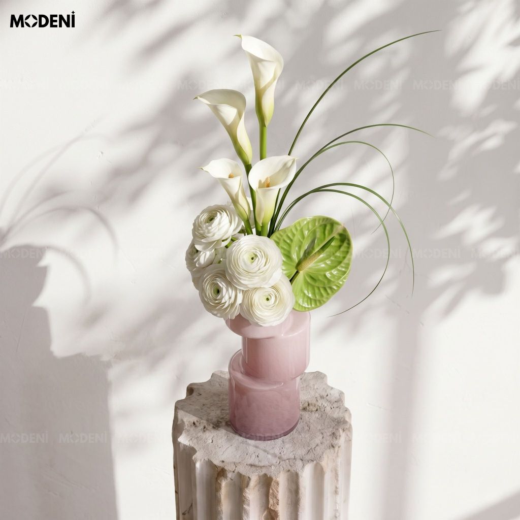 Bình Hoa Blush – Bình hoa thủy tinh hồng pastel nghệ thuật – Kiểu dáng xếp tầng hiện đại 25.5cm – Phù hợp decor bàn làm việc, kệ sách, phòng ngủ