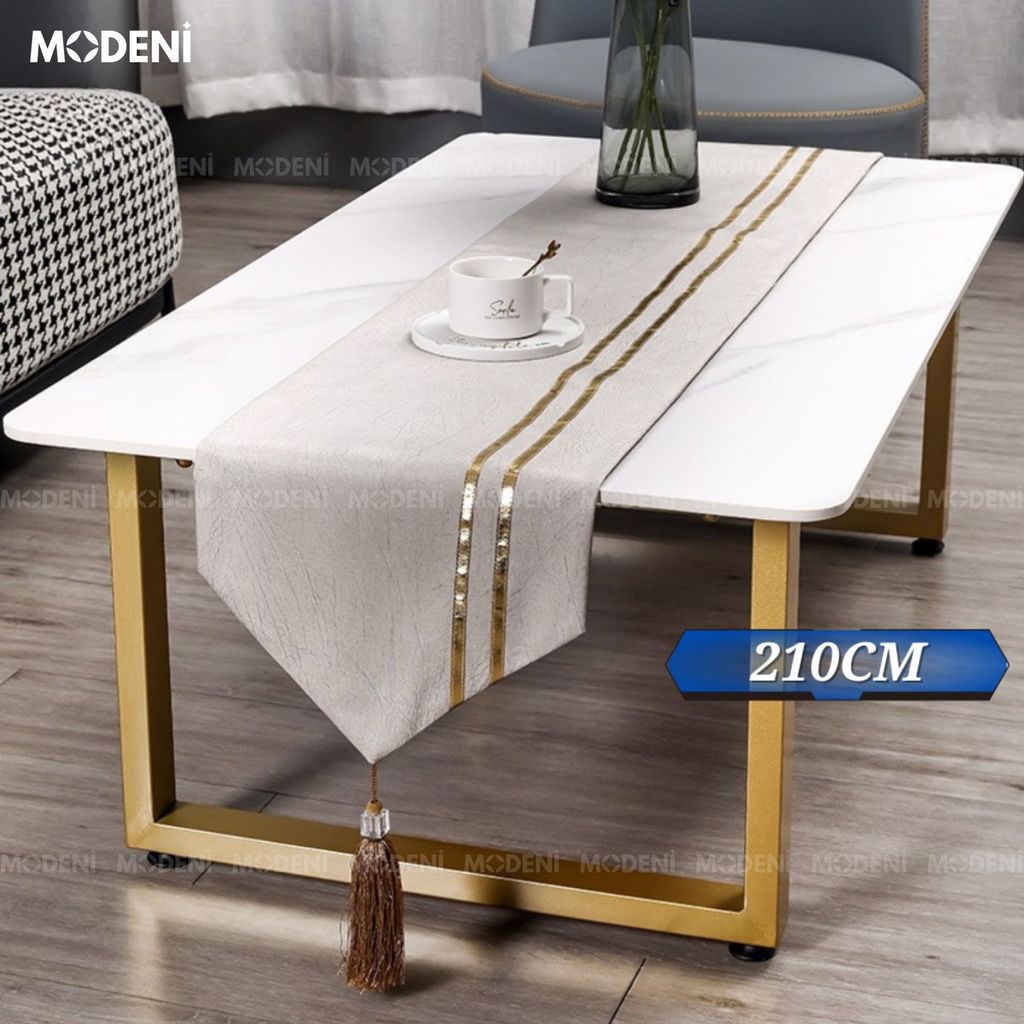 Khăn Bàn Table Runner White Elena Cao Cấp – Lau Sạch Dễ Dàng, Luôn Giữ Form Chuẩn – Thiết Kế Trắng Ánh Vàng Tối Giản Thanh Lịch – Phù Hợp Bàn Sofa & Bàn Tiệc Sang Trọng