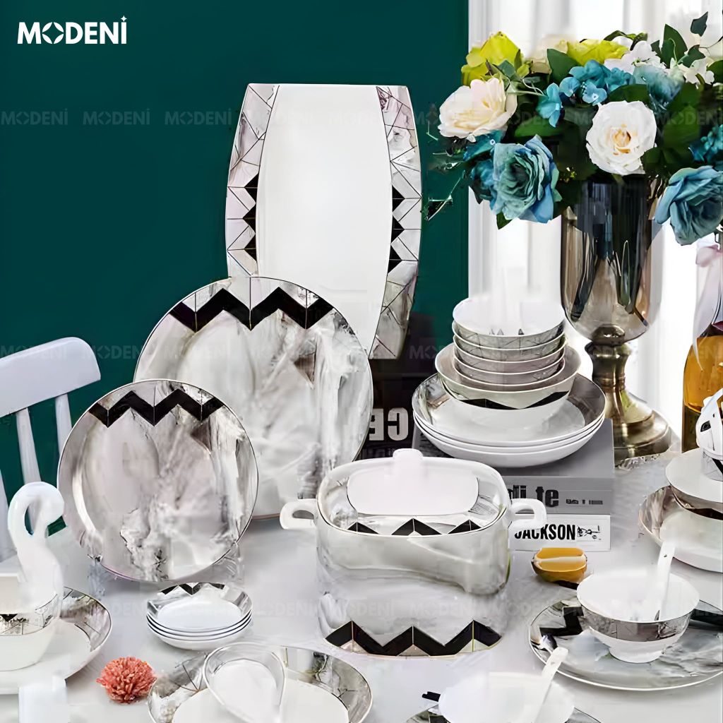 Bộ Chén Đĩa Noble Sứ Xương Trong Suốt Men Nano-Polymer Họa Tiết Đá Cẩm Thạch Cho Bàn Ăn Hiện Đại Sang Trọng