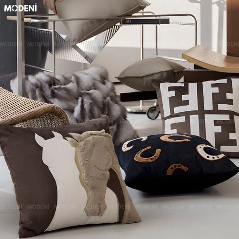  Vỏ Gối Sofa Dreamline – Vải Jackquard Phối Chenille Nhung Họa Tiết Ngựa Nổi May Ghép Tối Giản 