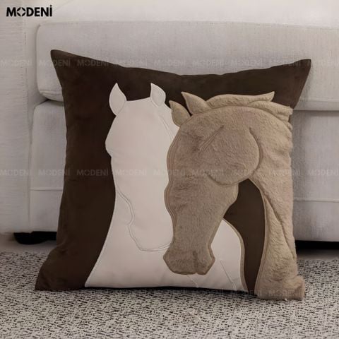  Vỏ Gối Sofa Dreamline – Vải Jackquard Phối Chenille Nhung Họa Tiết Ngựa Nổi May Ghép Tối Giản 