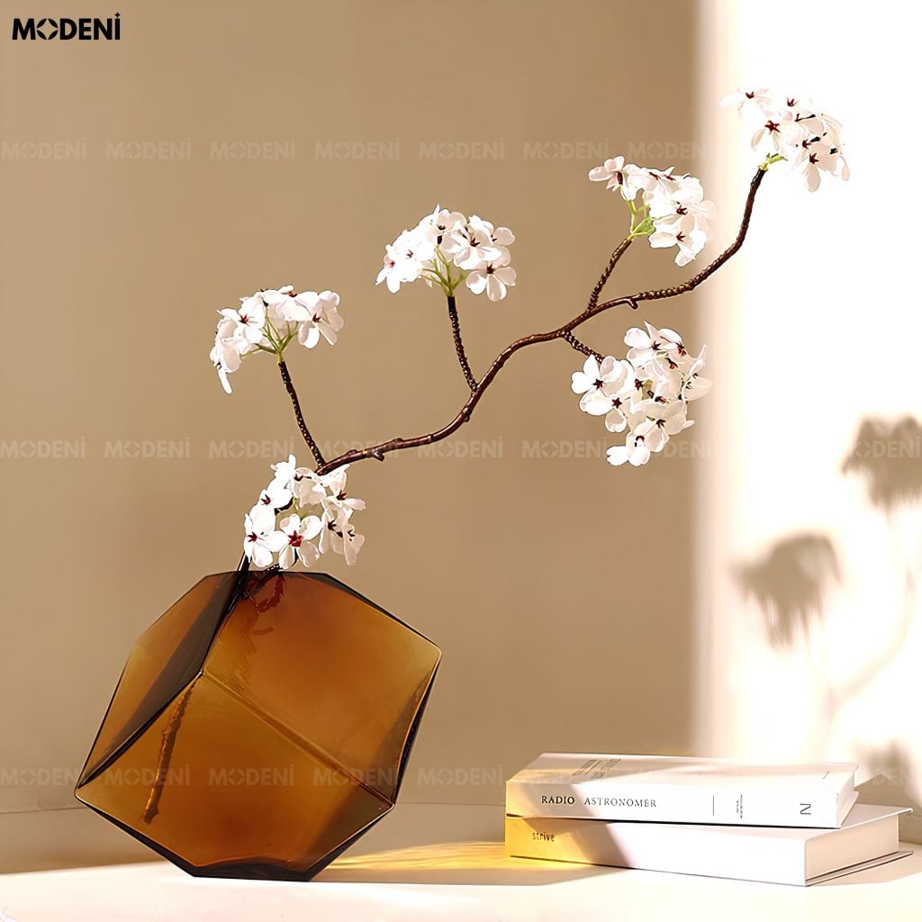 Bình Hoa Geometry Thủy Tinh Khối Đa Giác Nâu Hổ Phách Phong Cách Đương Đại