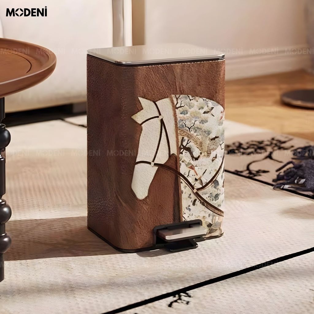 Thùng rác Gallop Brown da cao cấp phối inox phong cách đơn giản cho không gian trung tâm sang trọng tinh tế