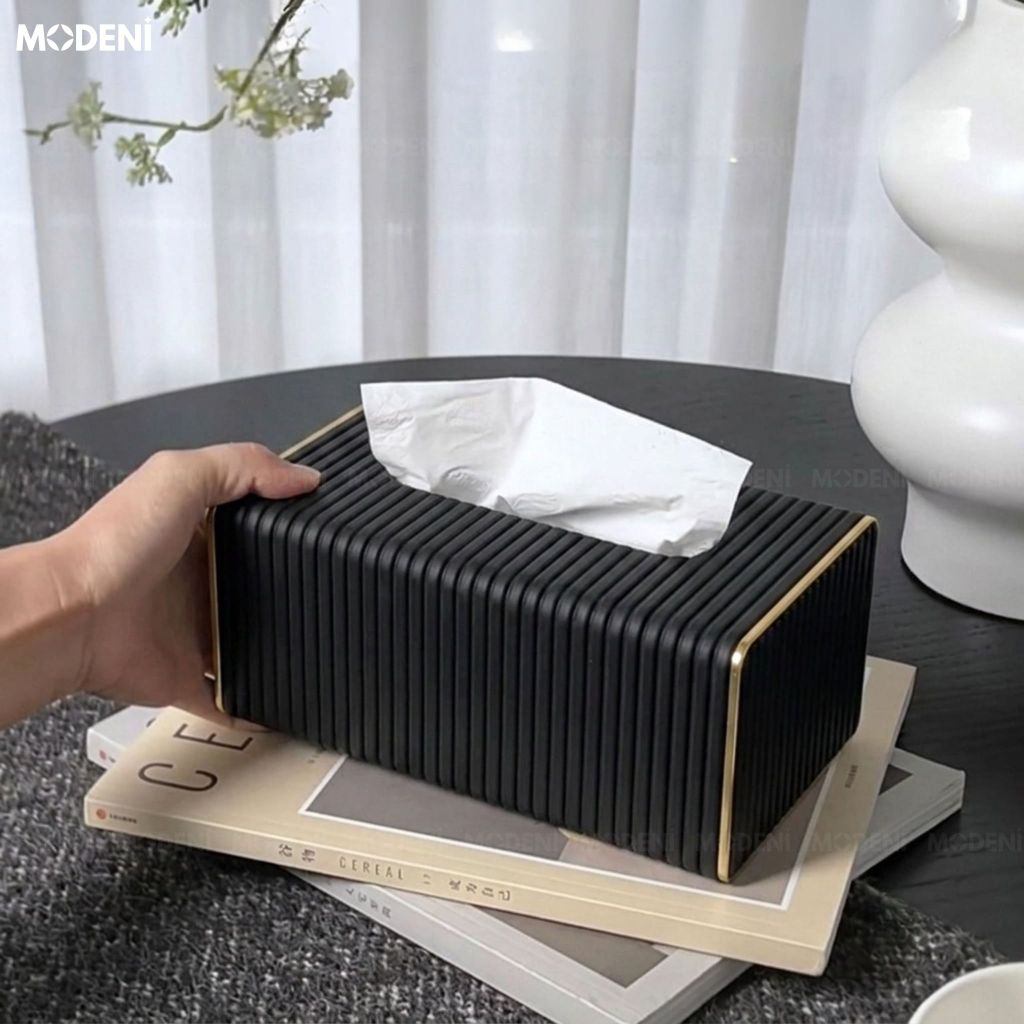 Hộp Khăn Sofie Nordic Black – Da PU  Vân Sọc, Nắp Trượt Viền Mạ Vàng Ánh Kim