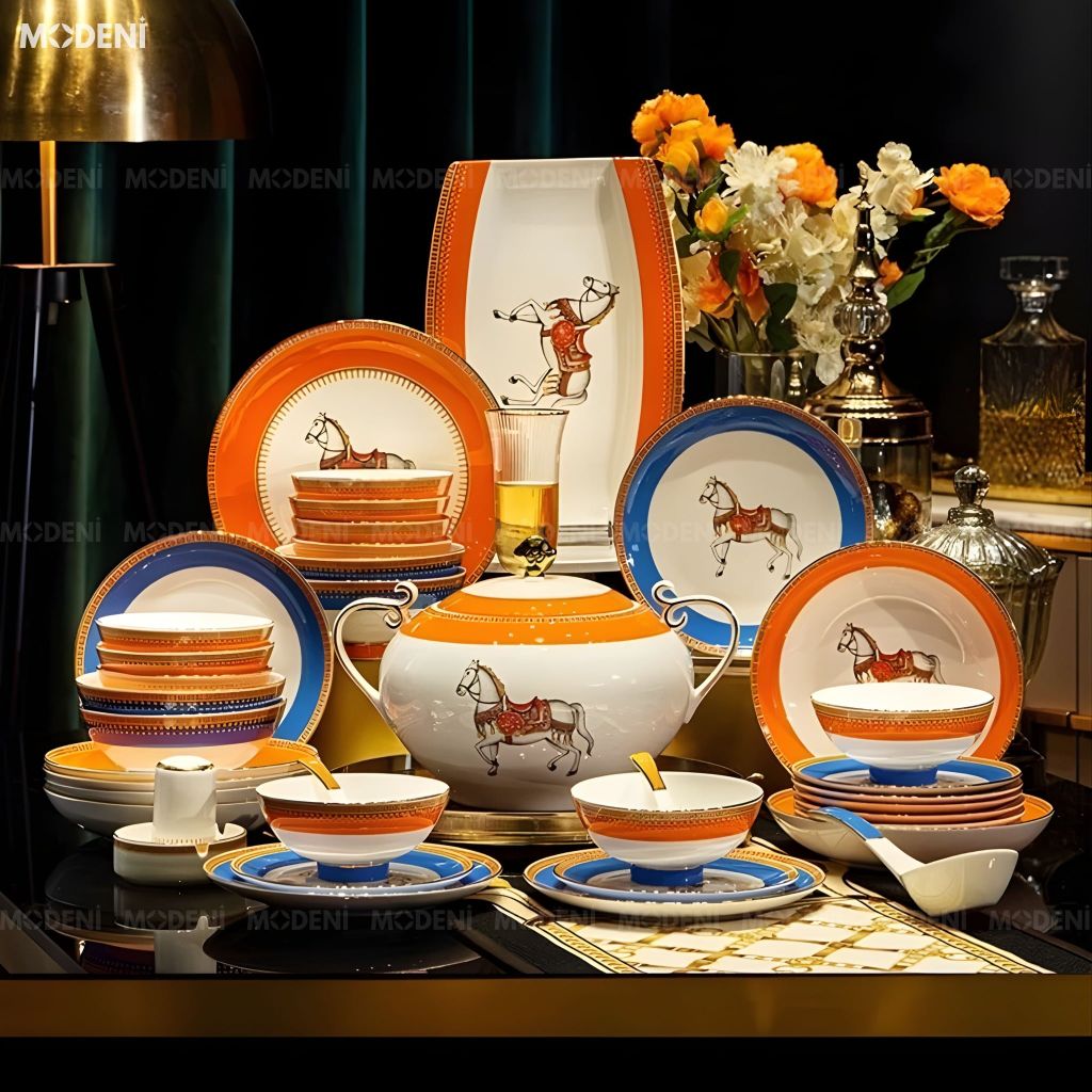 Bộ Chén Đĩa Sứ Xương Cao Cấp Cavalier – Biểu Tượng Của Tinh Thần Quý Tộc Châu Âu, Pha Trộn Sắc Cam Hoàng Gia Và Lam Cổ Điển Đầy Quyền Lực Cho Bàn Tiệc Sang Trọng