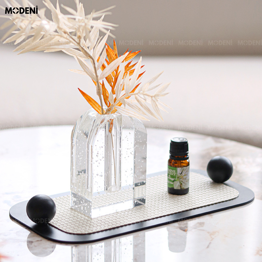 Khay Trang Trí Obsidian Thép Không Gỉ Nhám Mờ Phối Lưới Mây Trắng Đen Phong Cách Modern Luxury