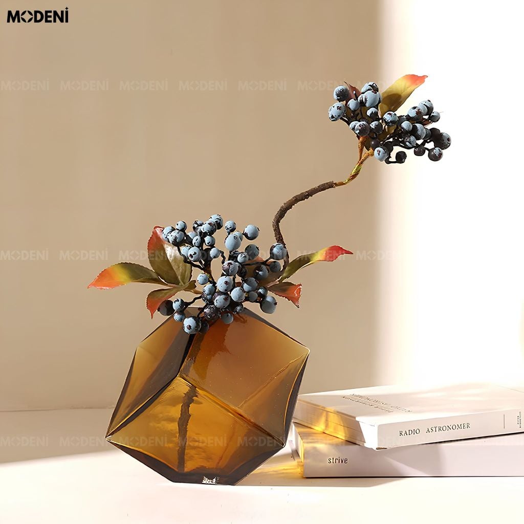 Bình Hoa Geometry Thủy Tinh Khối Đa Giác Nâu Hổ Phách Phong Cách Đương Đại