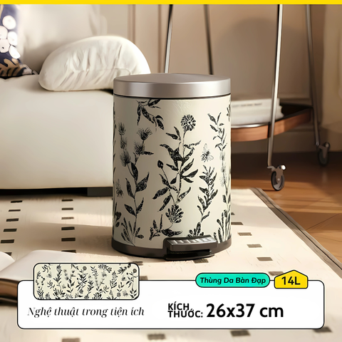  Thùng Rác Cao Cấp Botanica Họa Tiết Cành Lá – Thùng Rác Da Cao Cấp Sang Trọng – Dung Tích 14L Decor Phòng Khách, Văn Phòng 