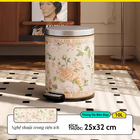  Thùng Rác Có Nắp Roselia Họa Tiết Hoa Vintage – Thùng Rác Da Cao Cấp Sang Trọng – Dung Tích 10L, Phù Hợp Phòng Khách, Phòng Ngủ, Văn Phòng 