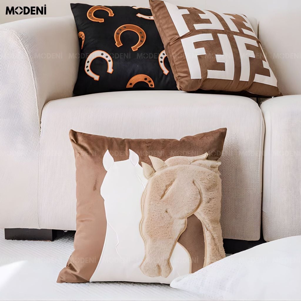 Vỏ Gối Sofa Spirix – Vải Nhung Thêu Nổi Móng Ngựa May Ghép Da Lộn Japandi