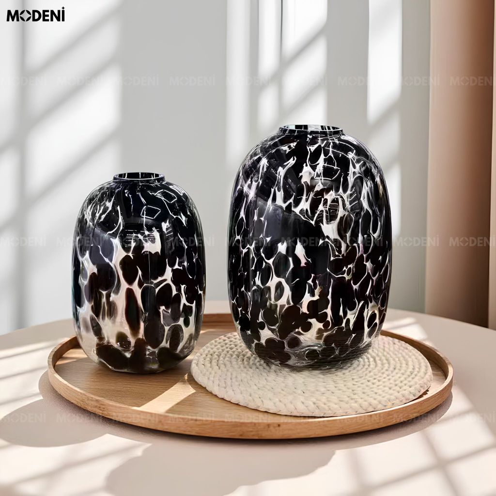 Bình Hoa Magma Thủy Tinh Vân Đá Marble Đen Khói Phong Cách Nghệ Thuật Bắc Âu