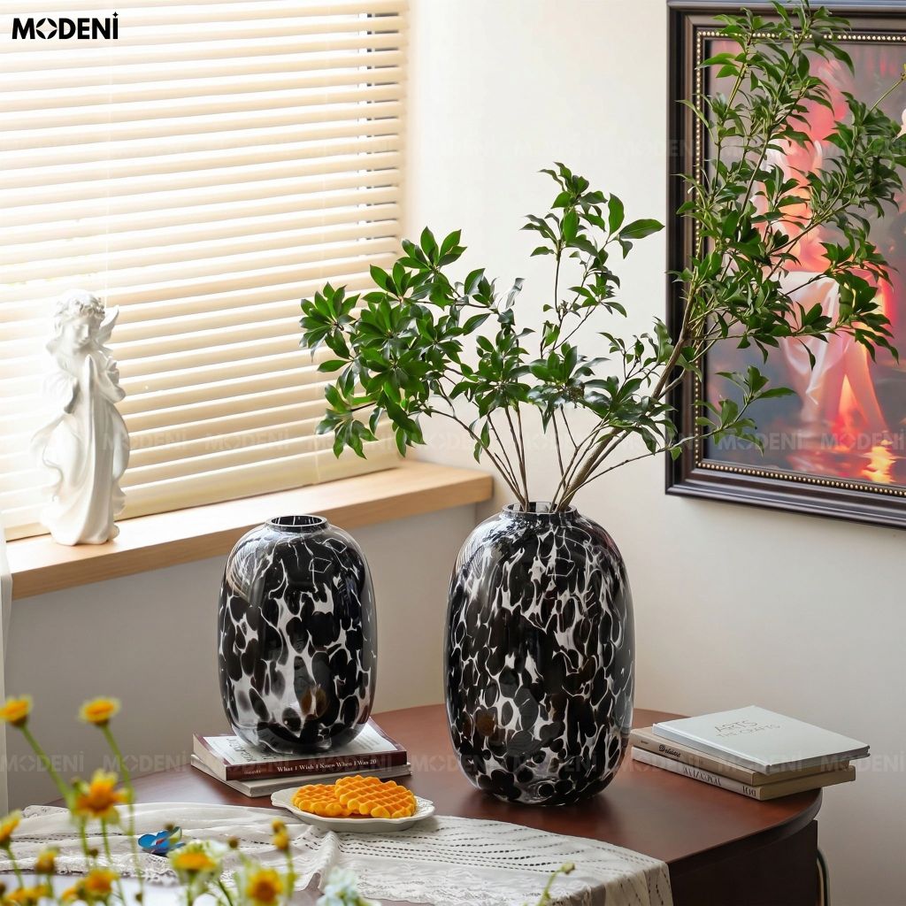 Bình Hoa Magma Thủy Tinh Vân Đá Marble Đen Khói Phong Cách Nghệ Thuật Bắc Âu