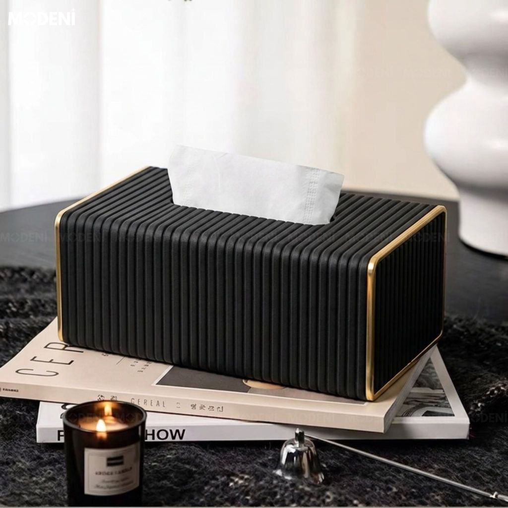 Hộp Khăn Sofie Nordic Black – Da PU  Vân Sọc, Nắp Trượt Viền Mạ Vàng Ánh Kim
