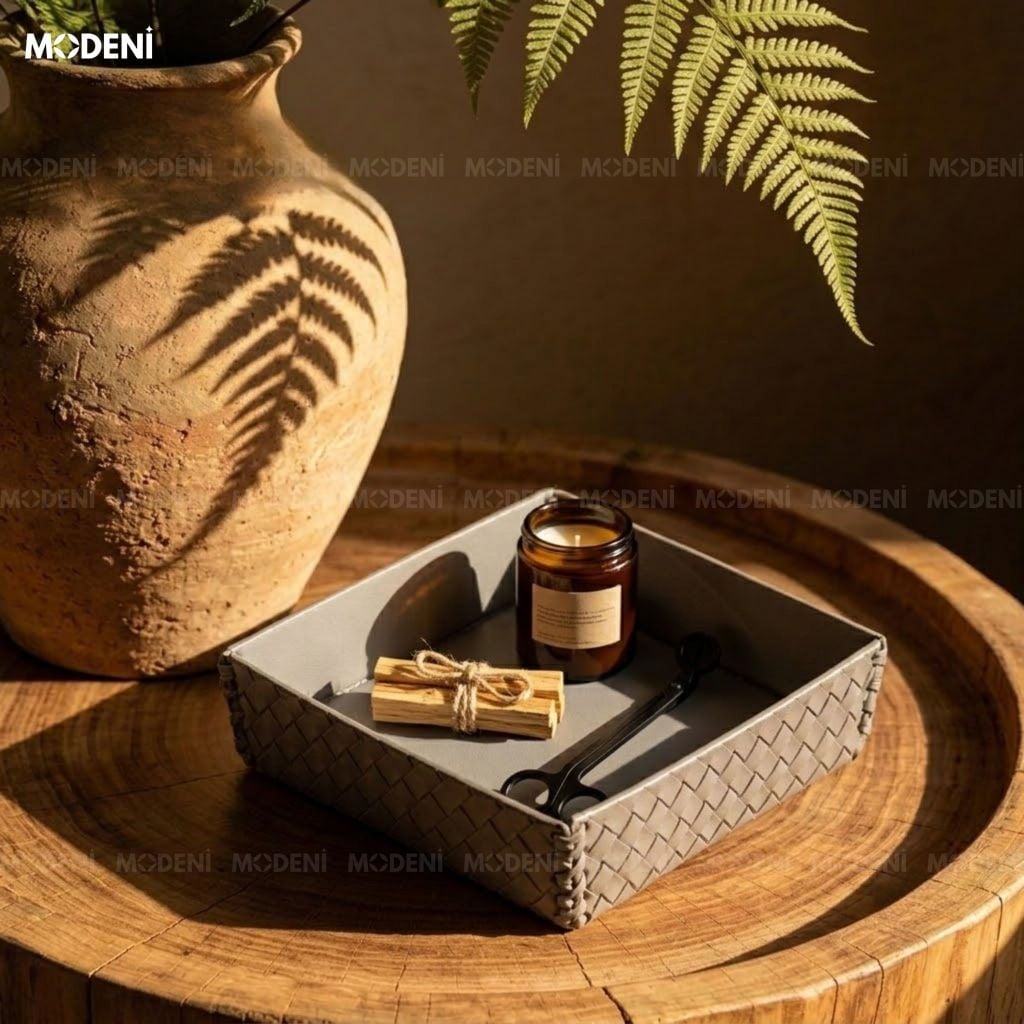 Khay Để Bàn Da Cesto Xám Da PU Họa Tiết Caro Nổi Dễ Dàng Lau Chùi Cho Không Gian Hiện Đại