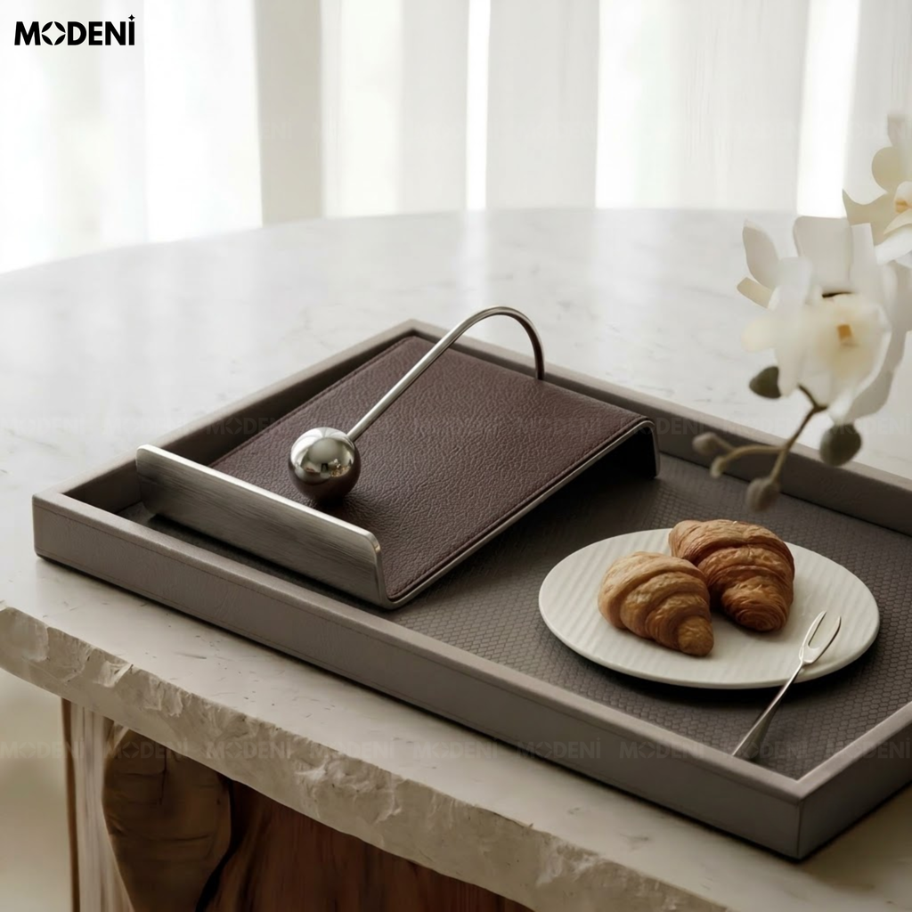 Hộp Khăn Giấy Libra Thép Không Gỉ Phối Da Nâu Sang Trọng Phong Cách Minimalism