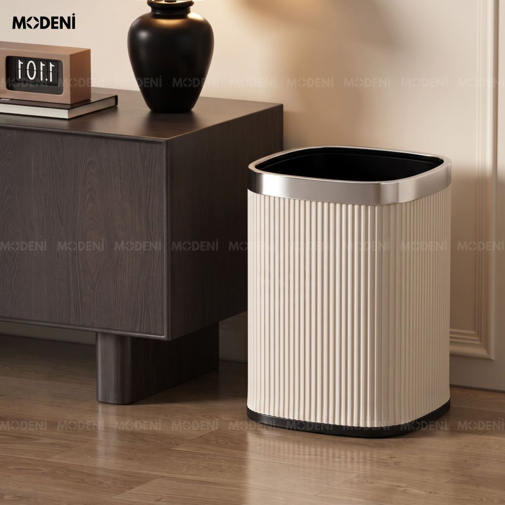 Thùng Rác Kael Khung Kim Loại Bọc Da PU Tinh Tế Đương Đại Viền Bạc Sáng Bóng Cho Văn Phòng Hiện Đại
