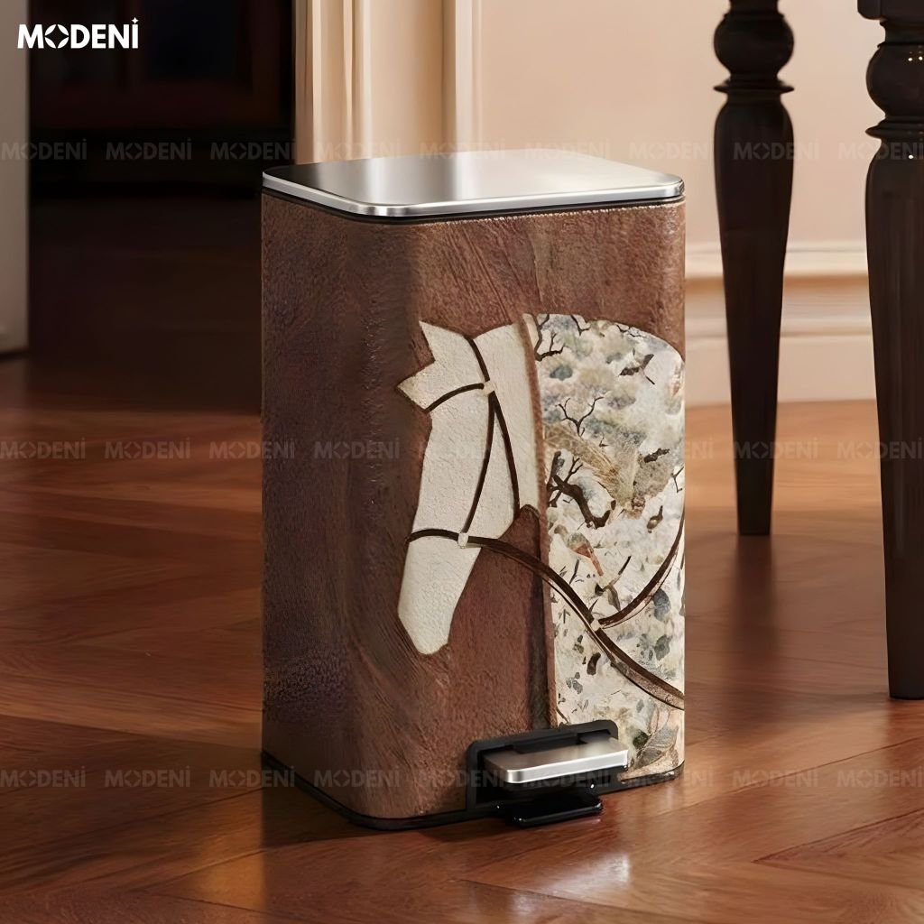 Thùng rác Gallop Brown da cao cấp phối inox phong cách đơn giản cho không gian trung tâm sang trọng tinh tế