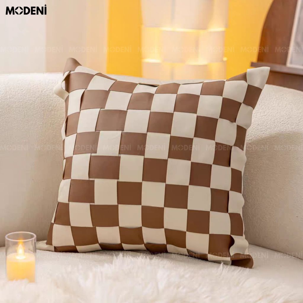 Vỏ Gối Sofa Lattel – Da Microfiber Ô Vuông Đan Tay Thủ Công Vintage