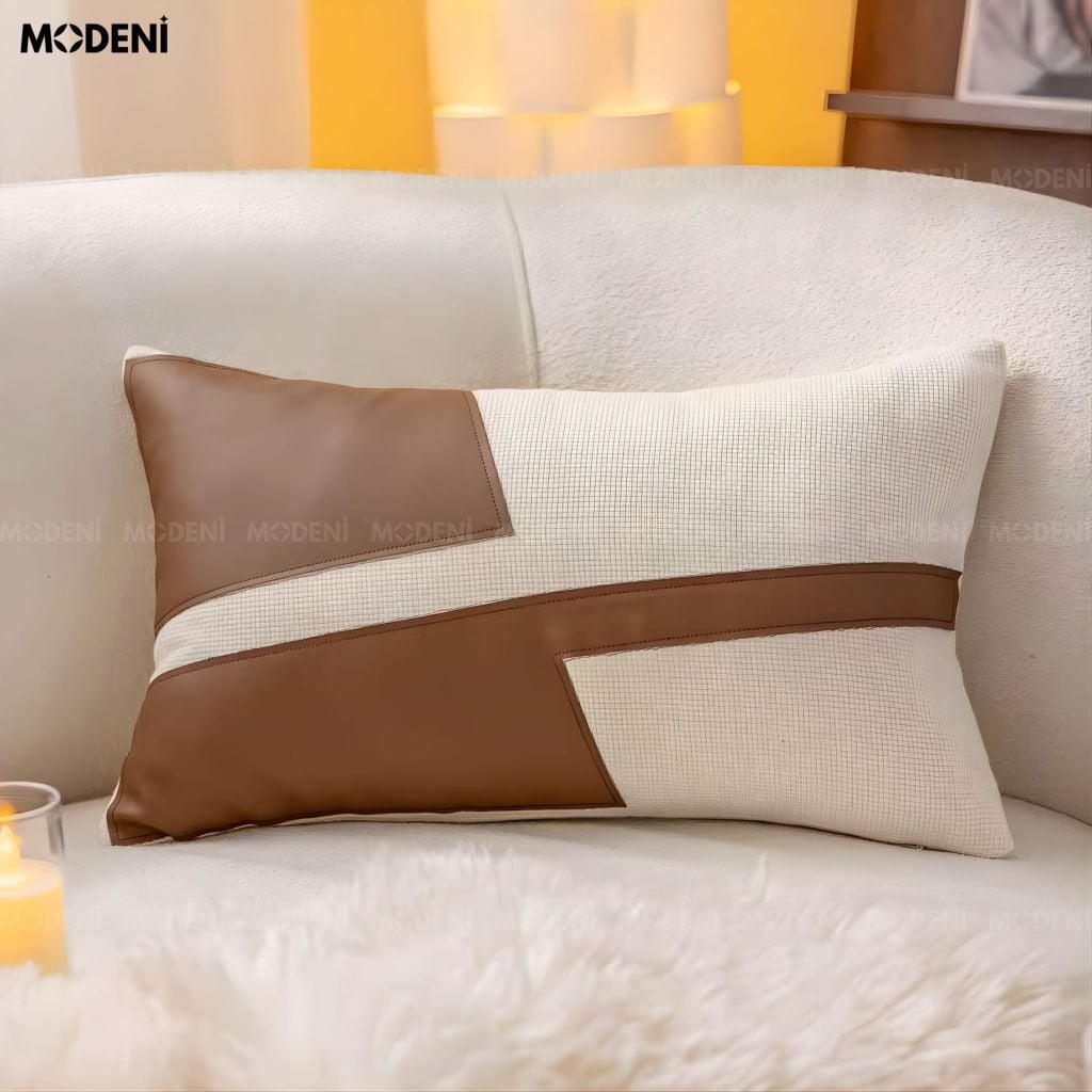 Vỏ Gối Sofa Ranch – Da Microfiber Phối Linen Họa Tiết Mảng Phối Nâu – Kem Hài Hòa Tối Giản