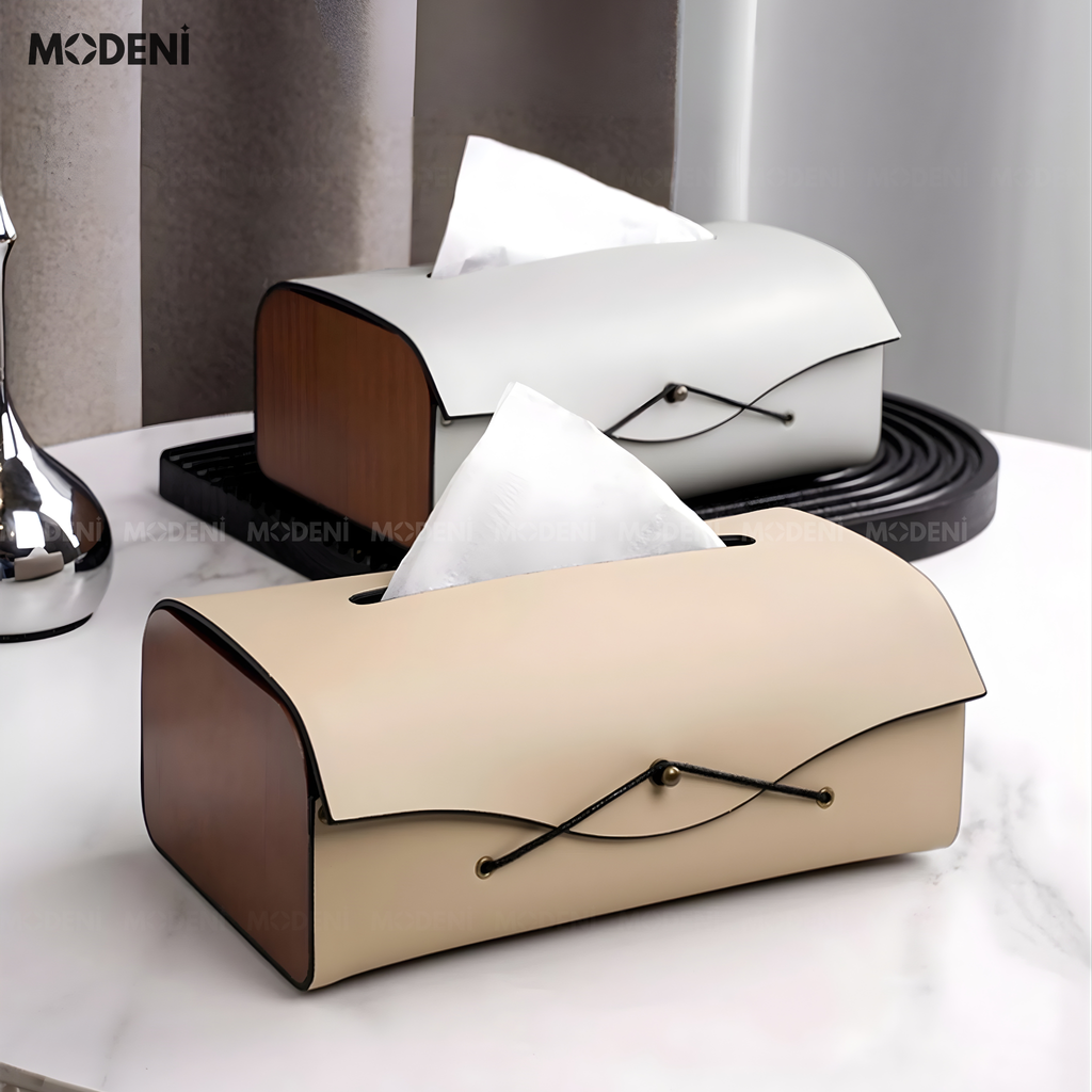 Hộp khăn giấy Elise Be da PU cao cấp phối ốp giả gỗ Japandi tối giản tinh tế cho phòng ngủ và văn phòng