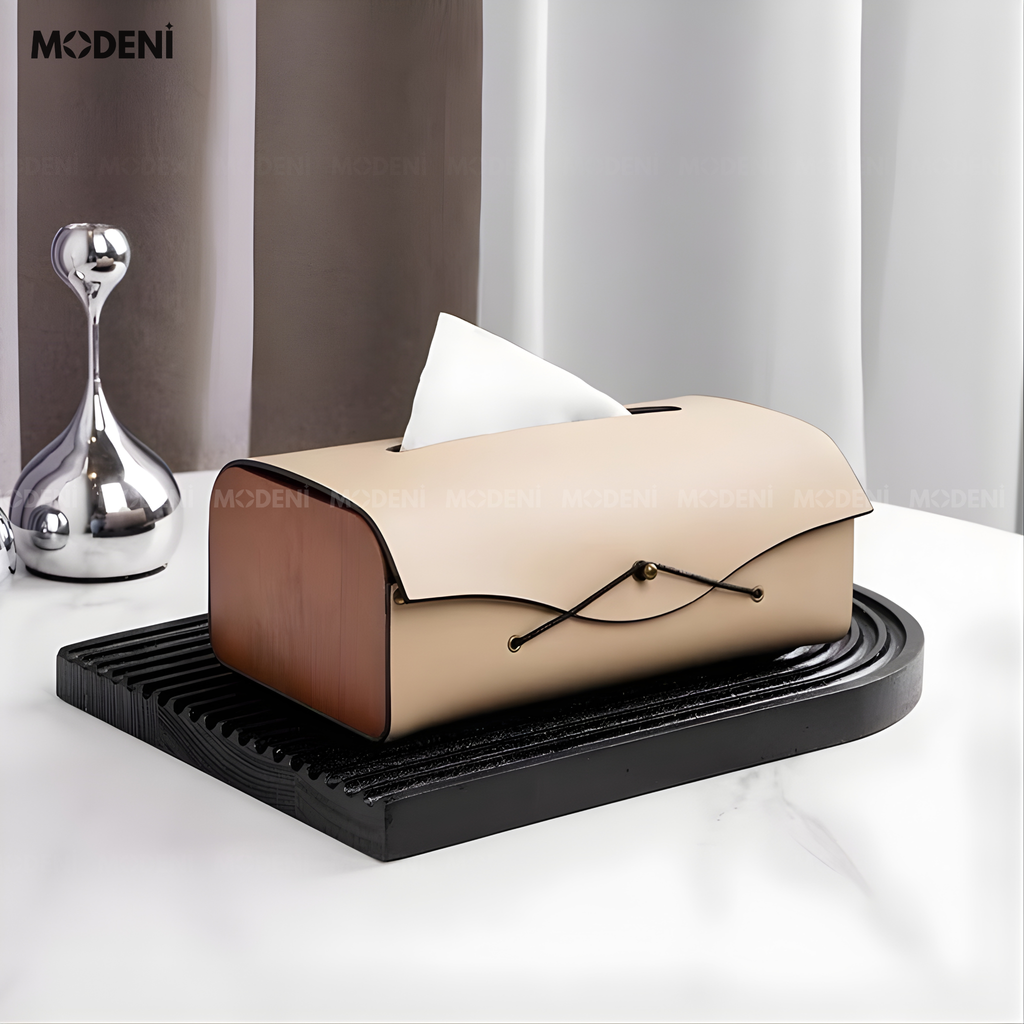 Hộp khăn giấy Elise Be da PU cao cấp phối ốp giả gỗ Japandi tối giản tinh tế cho phòng ngủ và văn phòng