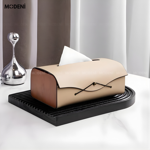  Hộp khăn giấy Elise Be da PU cao cấp phối ốp giả gỗ Japandi tối giản tinh tế cho phòng ngủ và văn phòng 