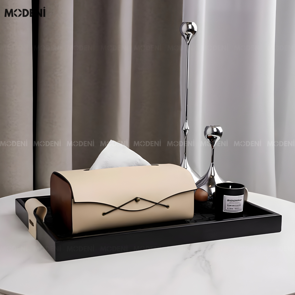 Hộp khăn giấy Elise Be da PU cao cấp phối ốp giả gỗ Japandi tối giản tinh tế cho phòng ngủ và văn phòng