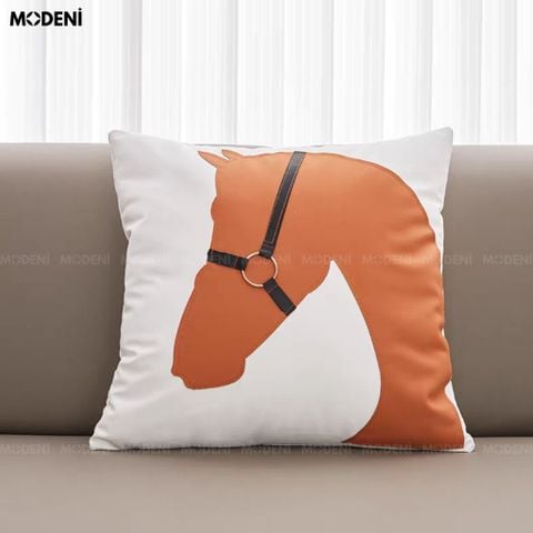  Vỏ Gối Sofa Equine – Vải Cotton Phối Da Họa Tiết Đầu Ngựa Nổi Cổ Điển 