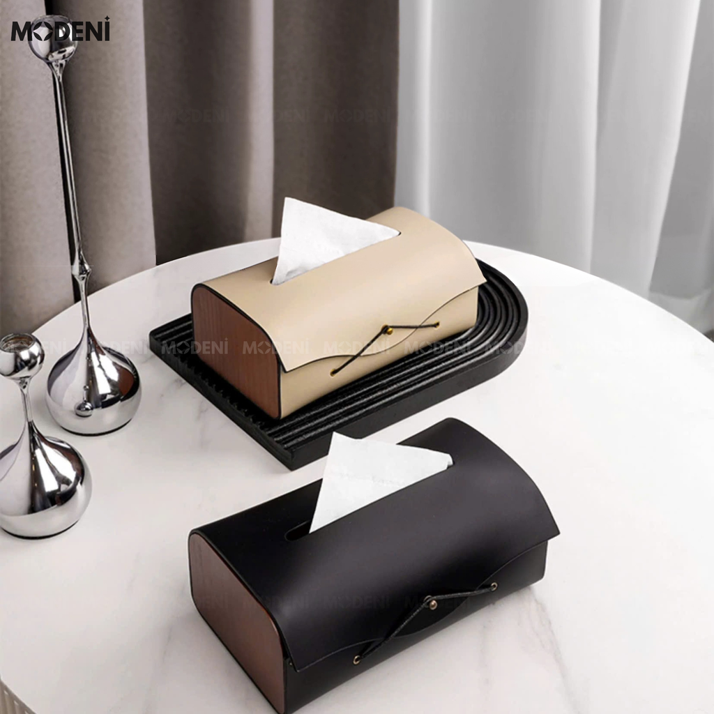 Hộp khăn giấy Elise Be da PU cao cấp phối ốp giả gỗ Japandi tối giản tinh tế cho phòng ngủ và văn phòng