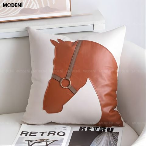  Vỏ Gối Sofa Equine – Vải Cotton Phối Da Họa Tiết Đầu Ngựa Nổi Cổ Điển 