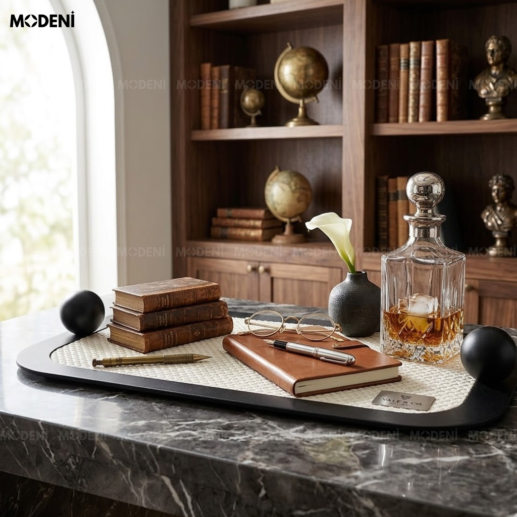 Khay Trang Trí Obsidian Thép Không Gỉ Nhám Mờ Phối Lưới Mây Trắng Đen Phong Cách Modern Luxury